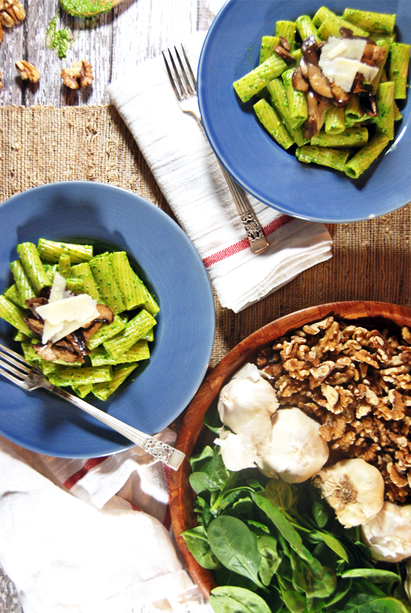 Spinach Pesto Pasta with Sautéed Gourmet Mushrooms: Creamy spinach pesto pasta is elevated by pairing it with delicious sautéed gourmet mushrooms!