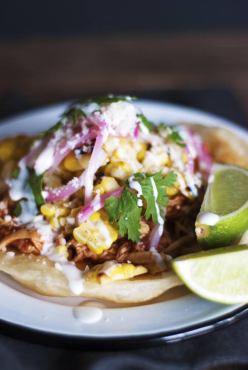 Mexican Chicken Tostadas with Street Corn - The Charming Detroiter