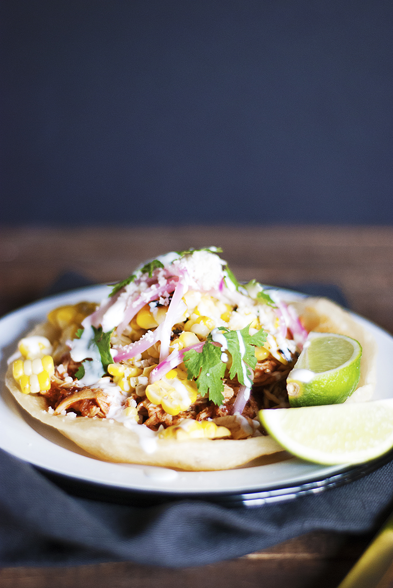 Mexican Chicken Tostadas with Street Corn - The Charming Detroiter