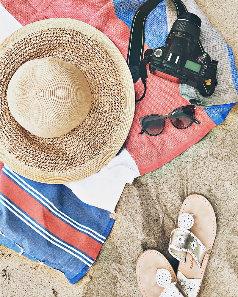 Blue striped J. Crew bow skirt + white Banana Republic t-shirt + straw J. Crew Factory hat + gold Shinola watch