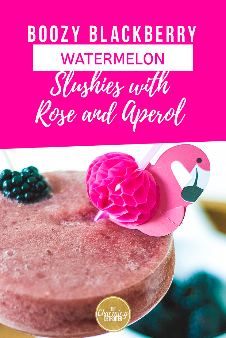 These boozy watermelon slushies are sure to please any summer loving crowd! Made with fresh watermelon and blackberries, they are filled with rosé and Aperol for a refreshing warm weather cocktail.