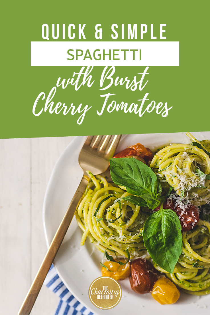 This spaghetti with burst tomatoes is the perfect answer to the question of what to cook on those hot summer nights that is simple, refreshing, and exploding with flavor. Roasted cherry tomatoes are paired with a pistachio pesto for a new twist on a classic dish.