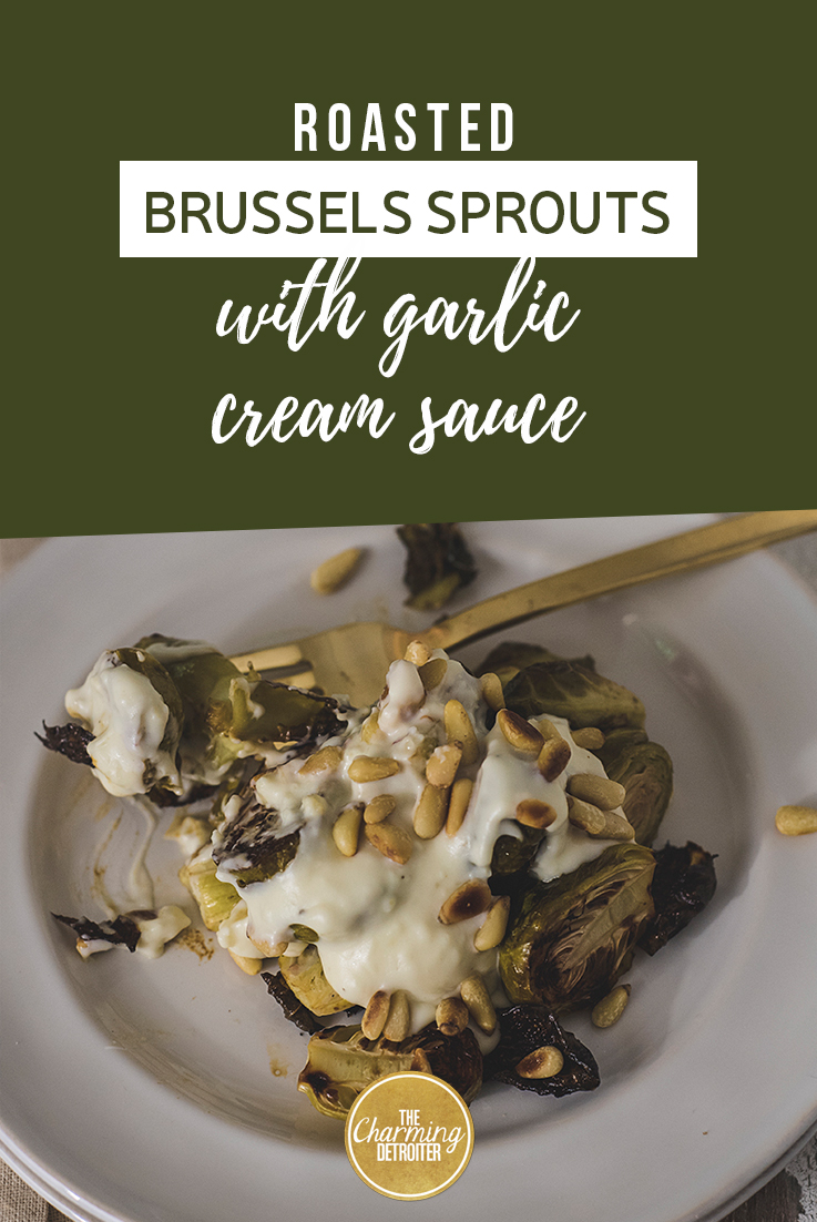 These roasted brussels sprouts with cream sauce will be your new favorite side! They feature a garlic cream sauce, balsamic glaze, and crunchy pine nuts.