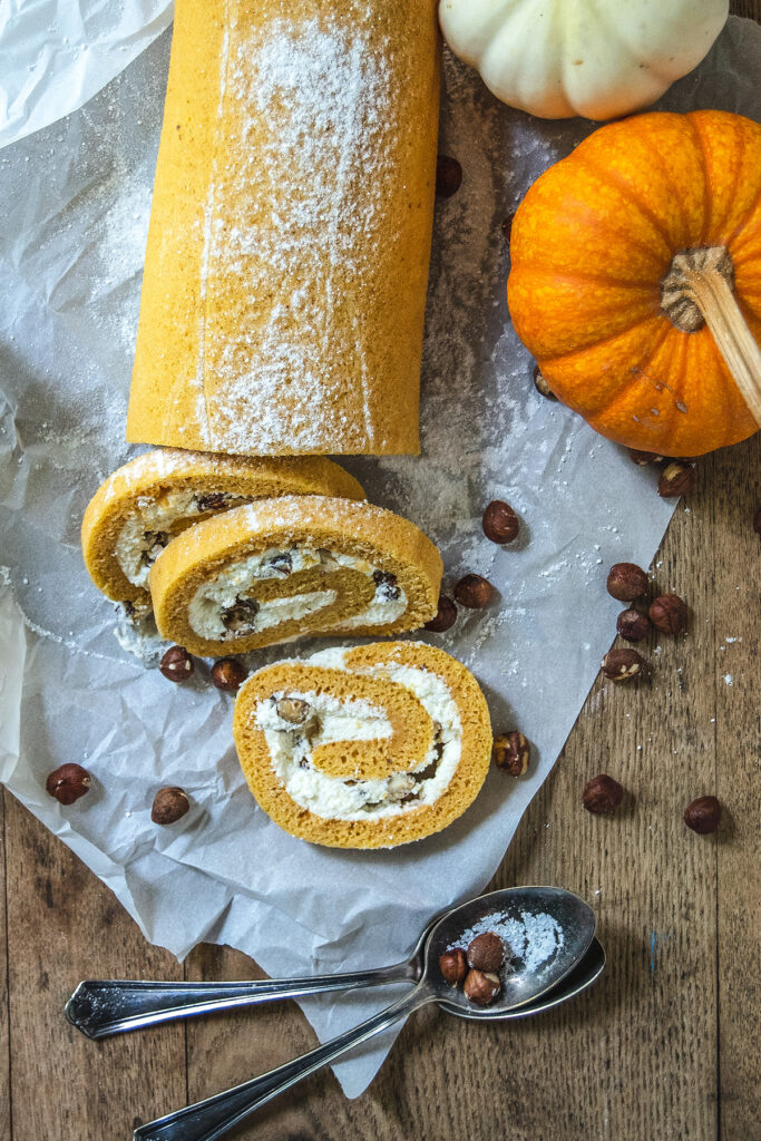 Pumpkin Roll with White Chocolate Mousse and Hazelnuts - The Charming ...