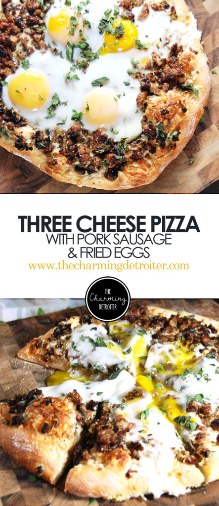 Three Cheese Pizza: Creamy, cheesy pizza with pork sausage and fried eggs.