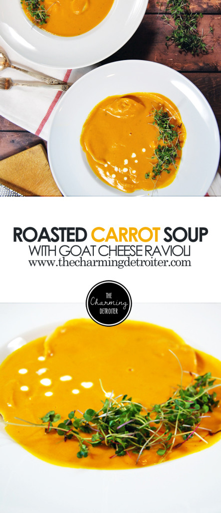 Goat Cheese Ravioli with Roasted Carrot Soup: A creamy soup made from delicious roasted carrots is paired with tangy goat cheese ravioli, and finished with cream and microgreens.