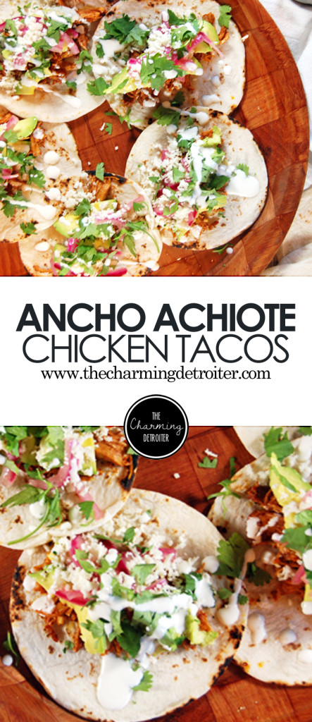 Ancho Achiote Shredded Chicken Tacos with Pickled Red Onions, Avocado, and Crema - These shredded chicken tacos feature tasty achiote paste and spicy ancho chili rub. They are then paired with quick pickled red onions, fresh avocado, and homemade crema.