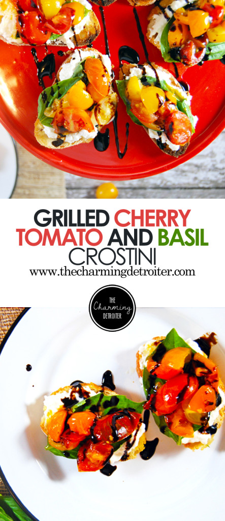 Grilled Cherry Tomato Salad Crostini with Whipped Burrata, Fresh Basil, and Balsamic Glaze: A quick 30 minute crostini! The classic flavor combination of cherry tomatoes, balsamic glaze, whipped burrata, and basil in an easy 2-bite appetizer!