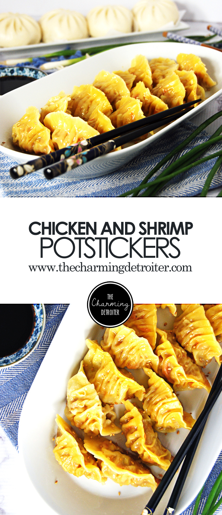 Chicken and Shrimp Potstickers: Chicken thigh and shrimp potstickers featuring beautiful Asian flavors like oyster sauce, soy sauce, carrot, and green onion.