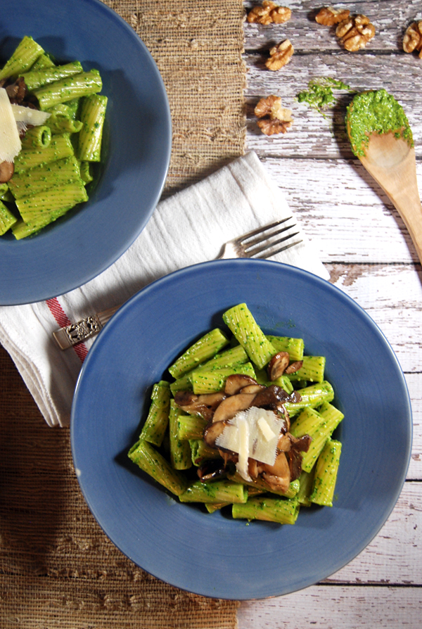 Spinach Pesto Pasta with Sautéed Gourmet Mushrooms: Creamy spinach pesto pasta is elevated by pairing it with delicious sautéed gourmet mushrooms!
