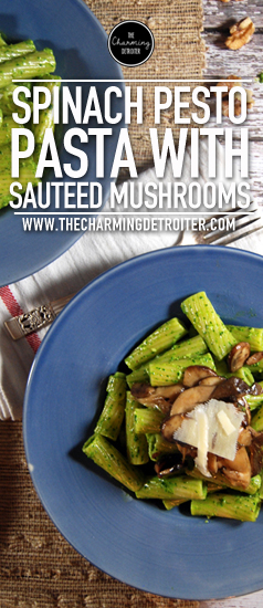 Spinach Pesto Pasta with Sautéed Gourmet Mushrooms: Creamy spinach pesto pasta is elevated by pairing it with delicious sautéed gourmet mushrooms!