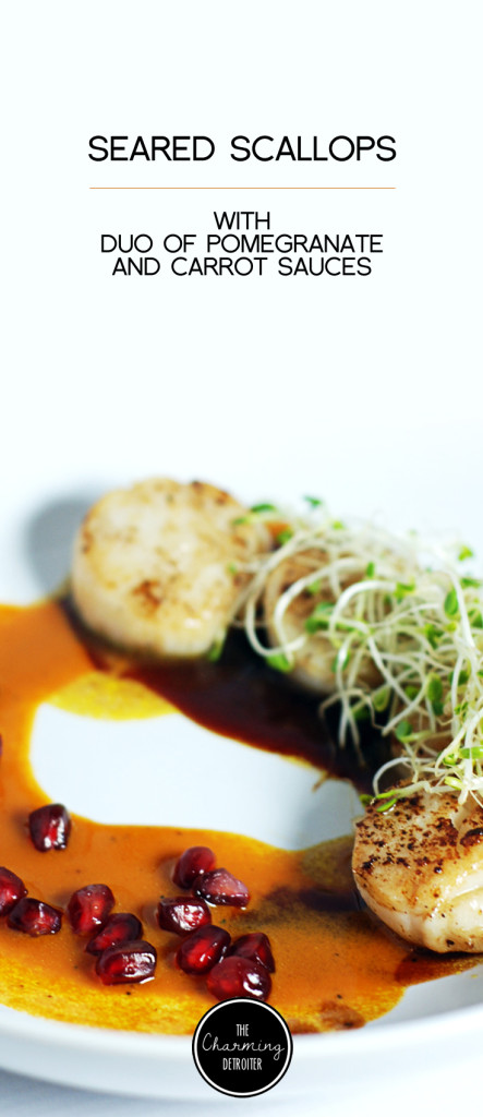 This delicious recipe for easy seared scallops is paired with a duo of beautifully refreshing pomegranate and carrot sauces.
