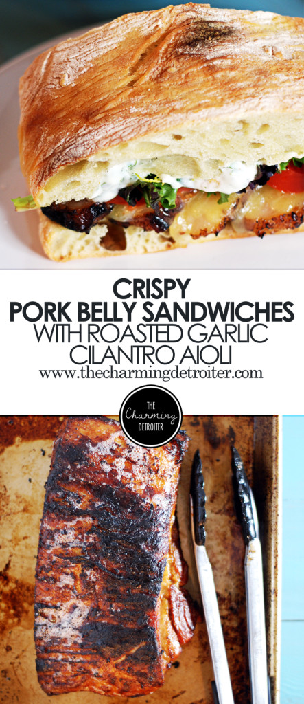 Crispy Pork Belly Sandwich: Tasty pork belly is the star of this sandwich, where it is paired with roasted garlic cilantro aioli, white cheddar cheese, and fresh tomatoes and greens.