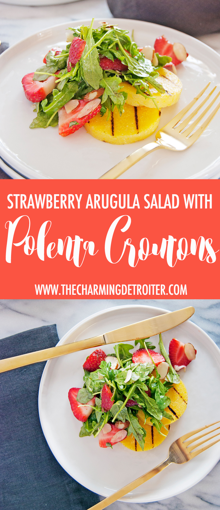 This strawberry arugula salad is so refreshing and features a bright citrus vinaigrette paired with beautifully grilled polenta croutons!