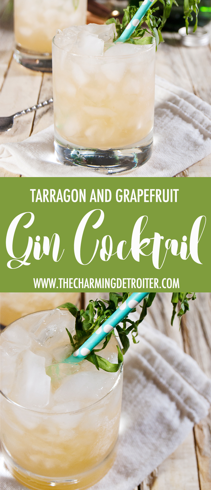 This tasty grapefruit gin cocktail features fresh tarragon, tart grapefruit juice, and gin.