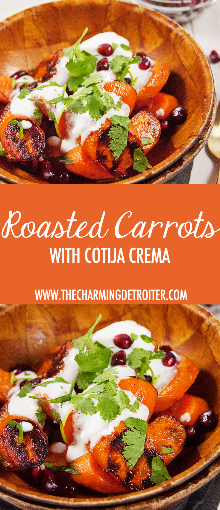 These crunchy roasted carrots are paired with a light cotija cream, fresh cilantro and pomegranate seeds.