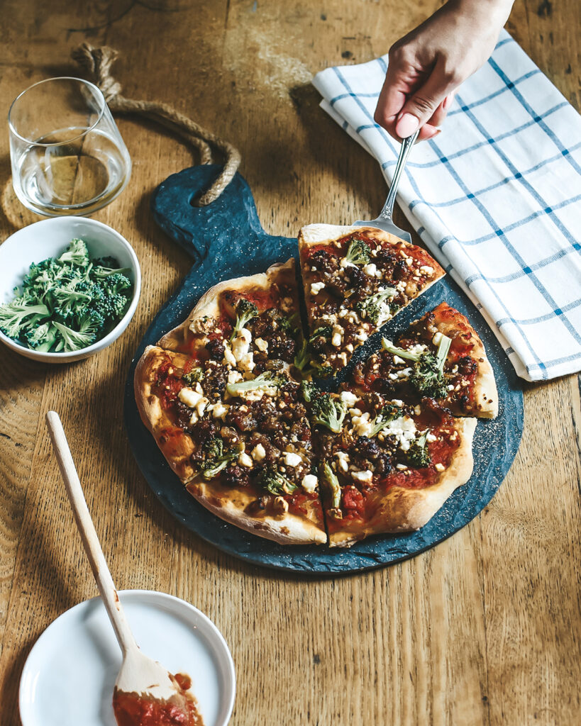 My broccoli sausage pizza has so many delicious vibes you'll want to make it asap! Sausage with broccoli, marinara, and toasted fennel seeds paired with goat cheese - my fav!